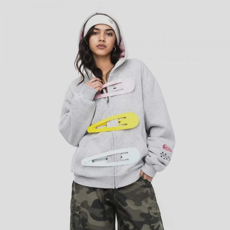2026 Fall Winter Y2K Cute Cool Hair Clip Hooded Sweatshirt Women Street Loose Zip Jacket