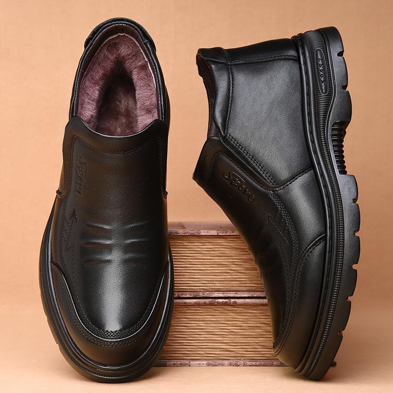 First layer cowhide high-top cotton shoes men's fur integrated one-pedal velvet pure wool thick-soled warm men's snow boots