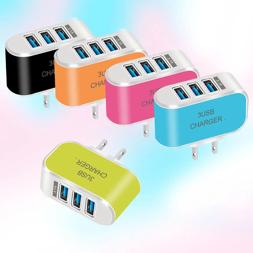 Universal 3 USB Multi-Port Wall Home Charger US Plug Wall Adapter Cube Block 110-220V 5V Candy Color Travel Charger Adapter