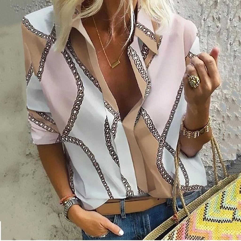 Women's Casual Fashion Loose Print Lapel Pullover Long Sleeve Shirt Tops
