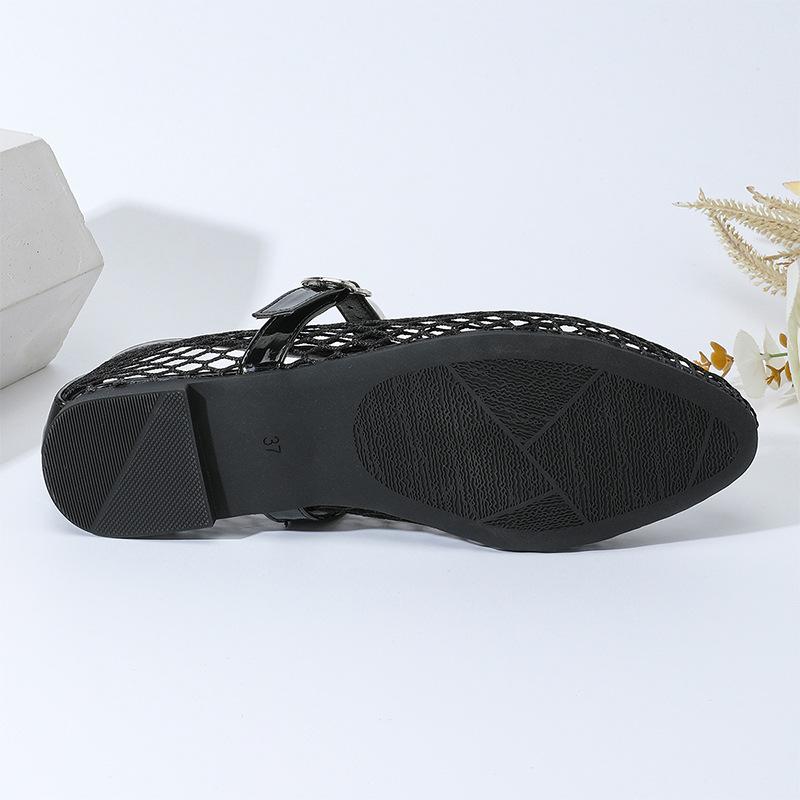 One word with black fishing net sandals women - large size mesh one word with flat sandals hollow Roman sandals