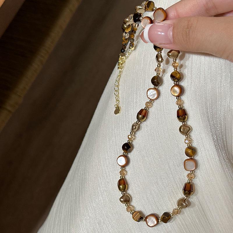 Náhrdelník z přírodního kamene Tygří oko s korálky pro ženy - Y2K Retro Módní Choker a Svetrový řetízek