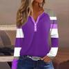 Womens Long Sleeve Button-Up Polo Shirt With Striped Patchwork Design Soft Cotton-Blend Fabric Loose Fit Casual Office Wear