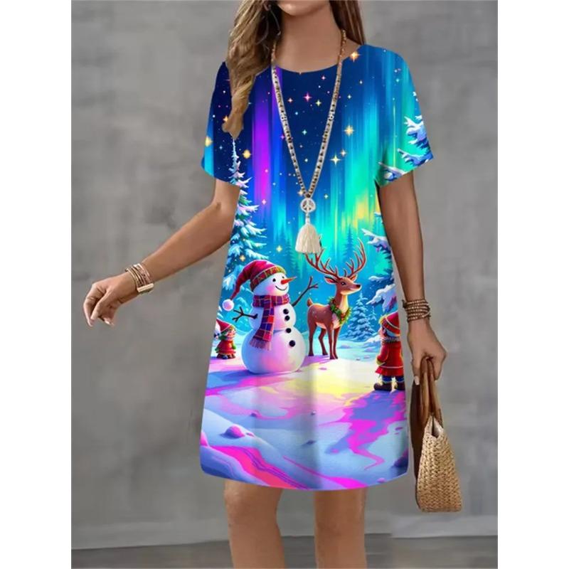 Summer Ladies 3D Printed Crew Neck Short Sleeve Dress Fashion Versatile Trend Breathable Casual