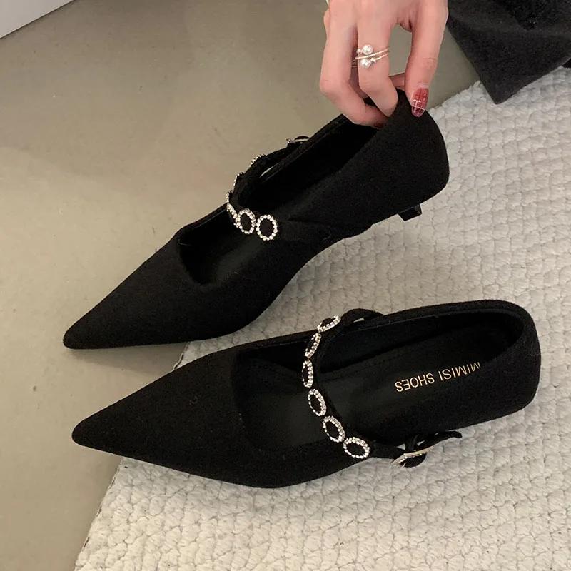 Luxury Satin Rhinestone Pointed Toe Buckle Shallow Low Heeled Women Shoes 2025 New Fashion Brand Designer Wedding Women's Pumps