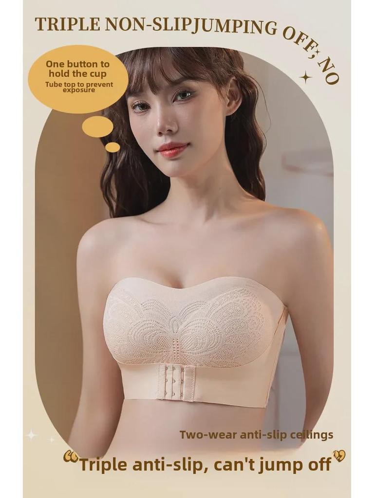 Seamless Strapless Bra for Large Busts: Non-Slip, Invisible, Tube-Style, Gathered Design, Sexy Back, Thin for Summer.