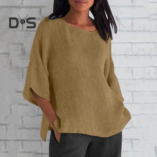 Women Shirt 3/4 Sleeve Casual Crew Neck Solid Color Pullover Tops Loose Fit Vacation Blouse Daily Wear
