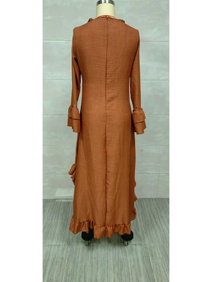 Women's Bohemian Pleated Ruffle Hem V-Neck Maxi Dress