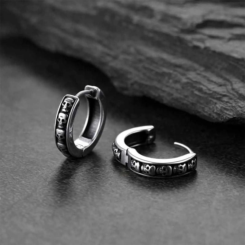 Huitan Men's Skull Earrings Dainty Small Circle Daily Wear Trendy Earrings Anti Silver Color Cool Male Accessories Hot JewelryGood product