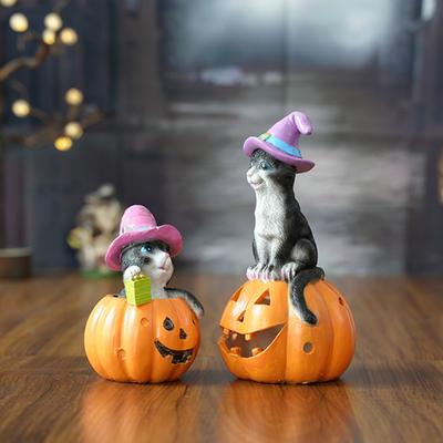 Gato de Halloween em Abóbora Estatueta Estátua de Gato Abóbora Fofa Escultura de Resina Interna para Prateleira Mesa Quarto Decoração de Entrada