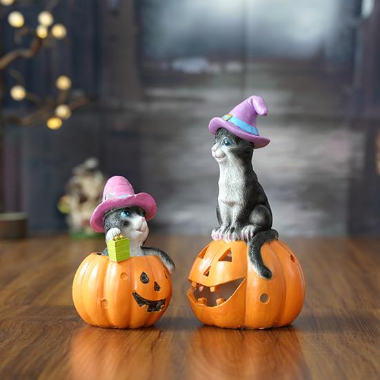 Halloween Cat on Pumpkin Figurine Cute Pumpkin Cat Statue Indoor Resin Sculpture for Shelf Tabletop Bedroom Entryway Decor