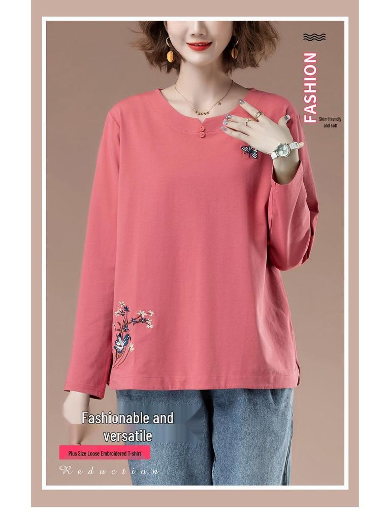 Dámské bavlněné tričko s dlouhým rukávem a výšivkou ve větších velikostech - Zeštíhlující střih pro maminky ve středním věku
