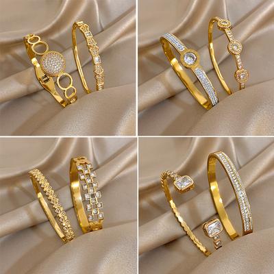 New Stainless Steel Waterproof Cuff Bracelet Bangle for Women Exquisite Shiny Inlaid Zircon Geometric Stacked Jewelry Gifts