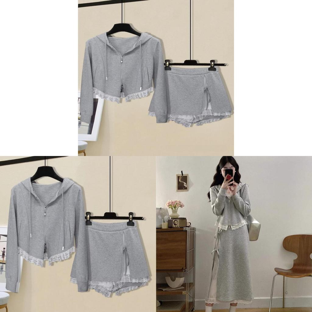 Lingerie Style Lace Hooded Sweatshirt And Midi Skirt Set For Casual Wear