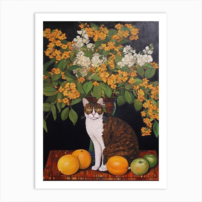 Vintage Bouquet Flower Lotus Lilies With A Cat Art Nouveau Klimt Style Art Print Poster Canvas Painting Wall Picture Room Decor