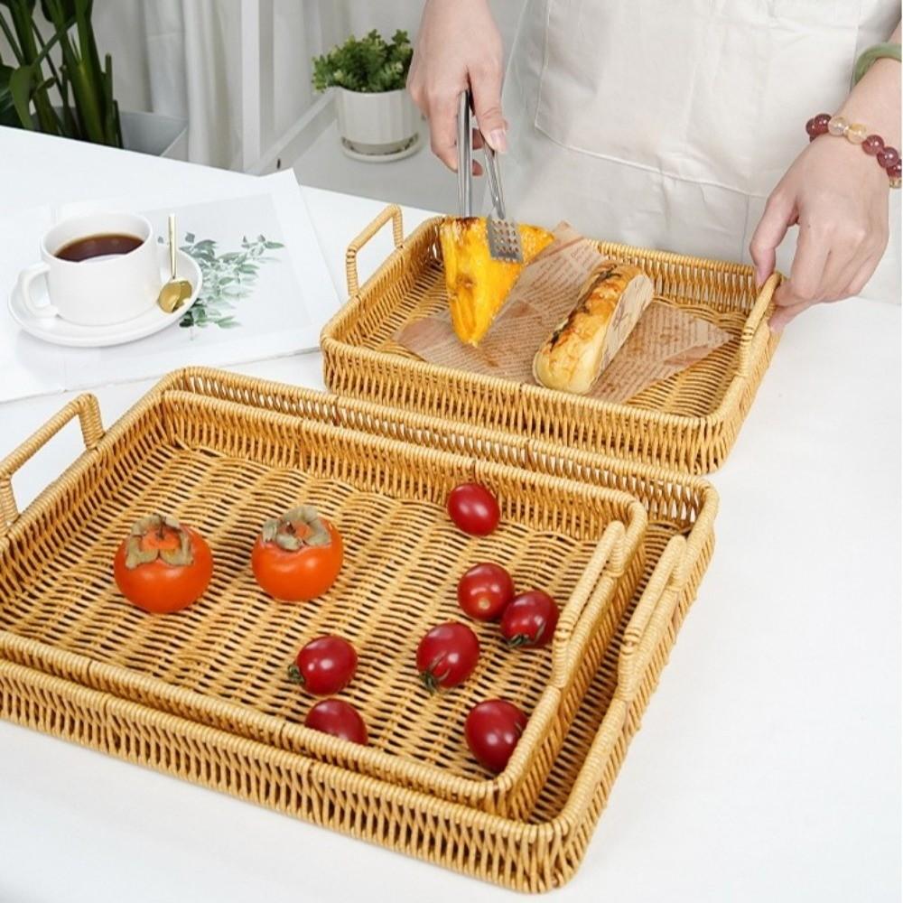 Handwoven Wicker Serving Tray Woven Handheld Plastic Rattan Storage Tray  Kitchen Storage