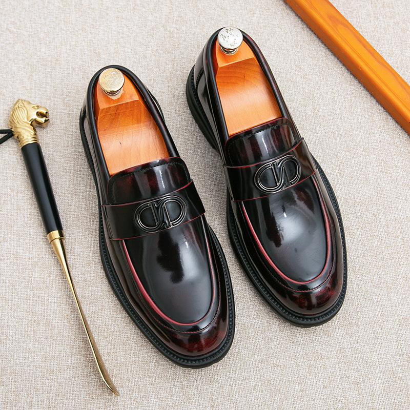 Leather Shoes Men's Loafers Platform Sole Round Head Bright Leather Business Casual Leather Shoes One Pedal Sleeve Men's Shoes British Trendy Shoes