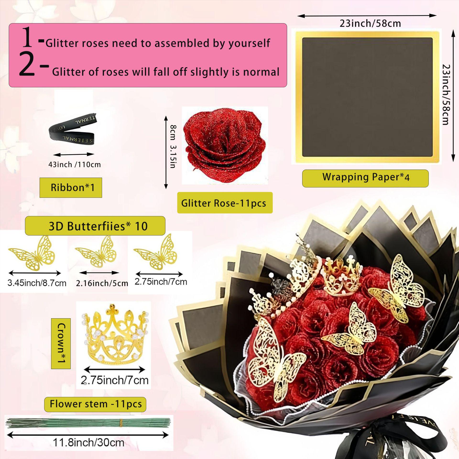 

Glittering Rose Gold 3D Butterfly Crown with 24-36 Gold Powder Artificial Roses Bouquet for DIY & Halloween Crafting