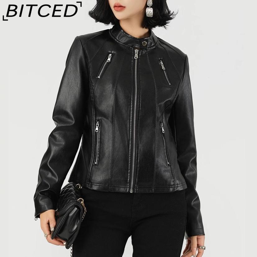 BITCED Autumn Slim-Fit Women's Leather Jacket Slim-Fit Outerwear Leather Clothing for Women