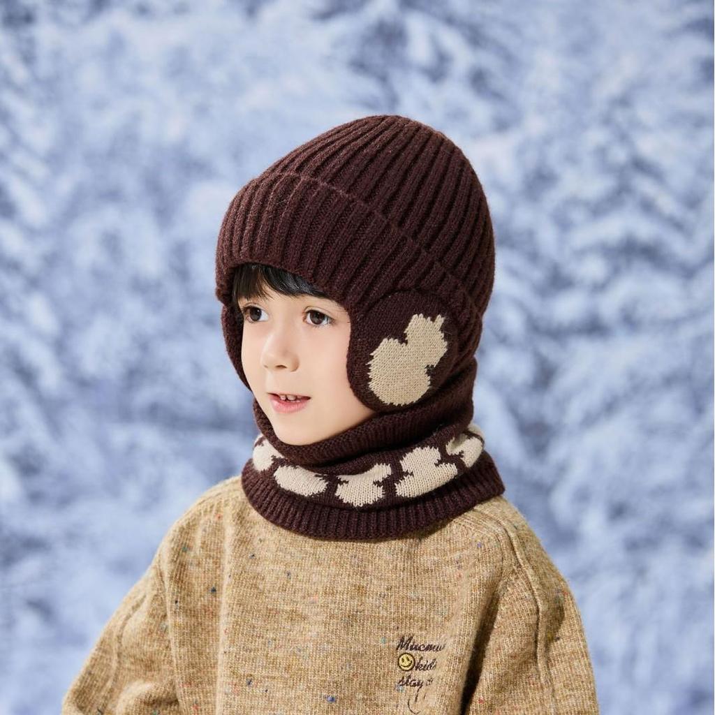Ensemble Bonnet Chaud en Laine pour Enfants et Écharpe de Cou avec Protection des Oreilles pour l'Automne et l'Hiver