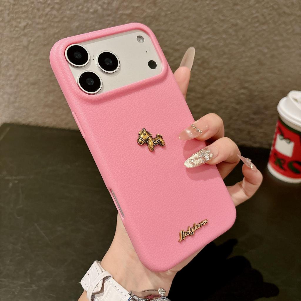 Apple iPhone 17 Promax Gold Little Horse Case, 16 Pro Leather Texture, 14 Soft Case, iPhone 15 Large Hole Cover