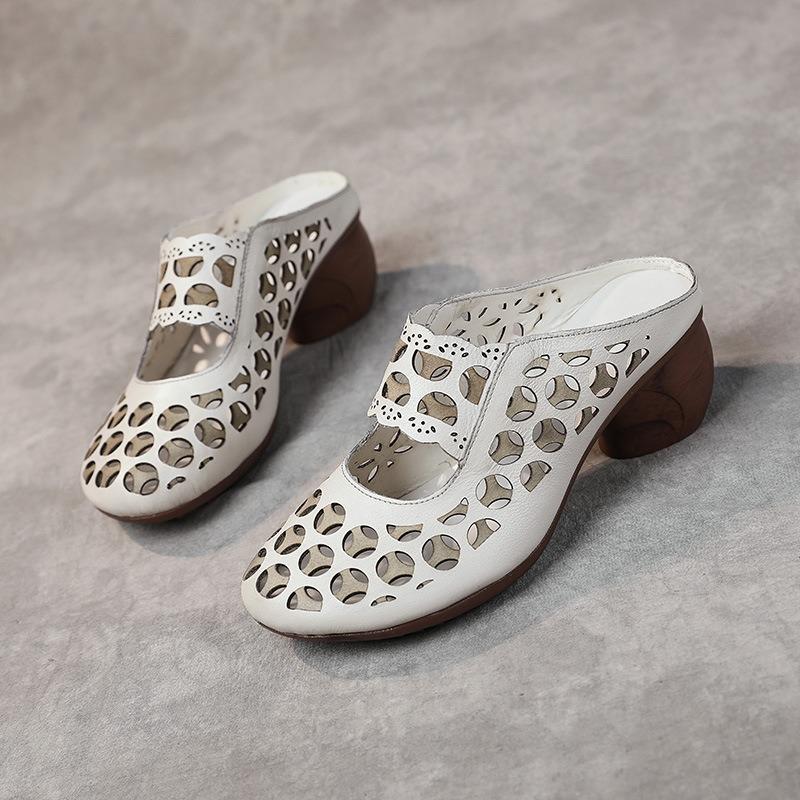 Baotou half slippers women's outer wear summer new leather middle heel soft sole hollow mother sandals women