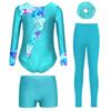 Mädchen Tanz Outfit Langarm Strass Verziert Bedruckt Trikot Shorts Leggings Haargummi Stirnband Gymnastik Auftritt Set