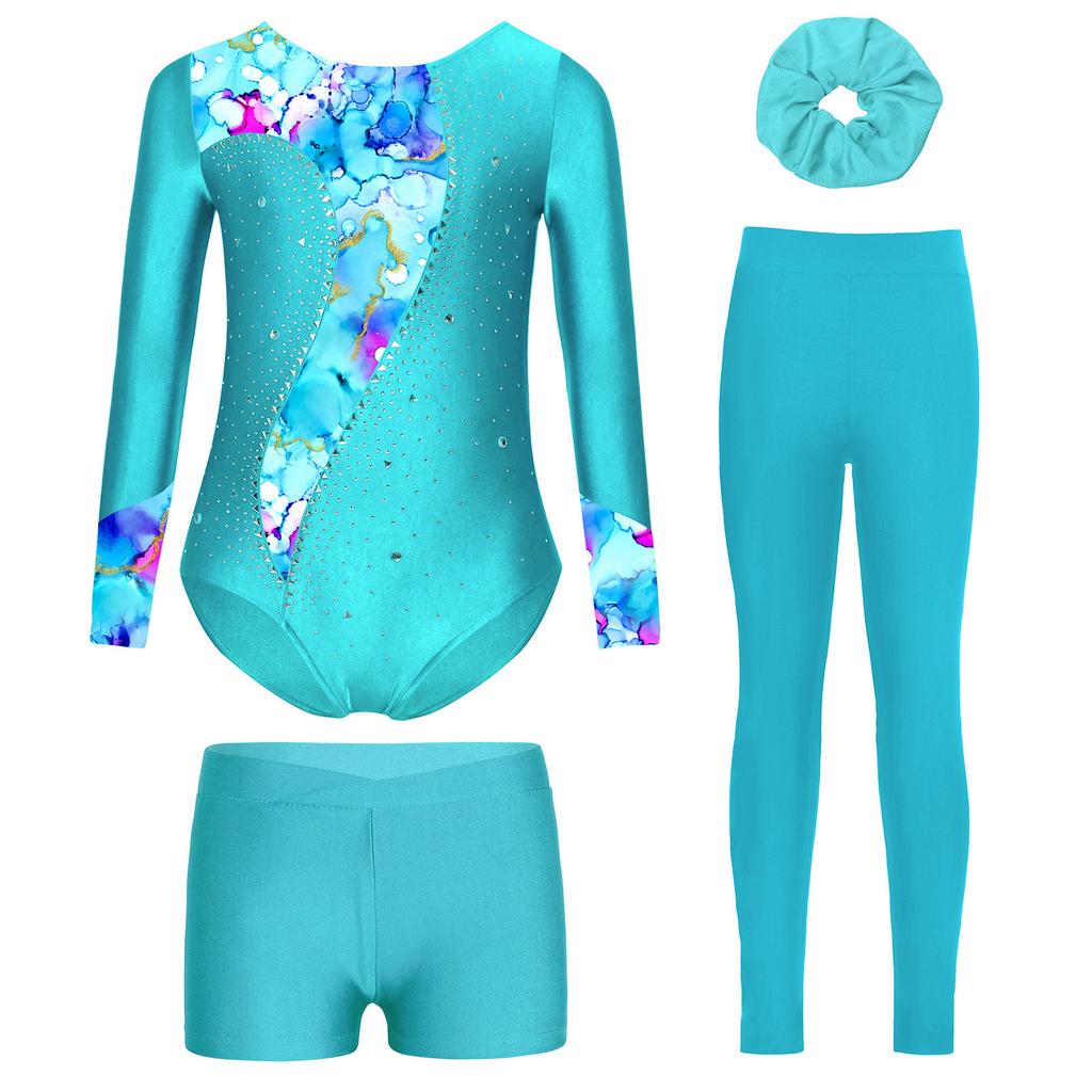 Mädchen Tanz Outfit Langarm Strass Verziert Bedruckt Trikot Shorts Leggings Haargummi Stirnband Gymnastik Auftritt Set
