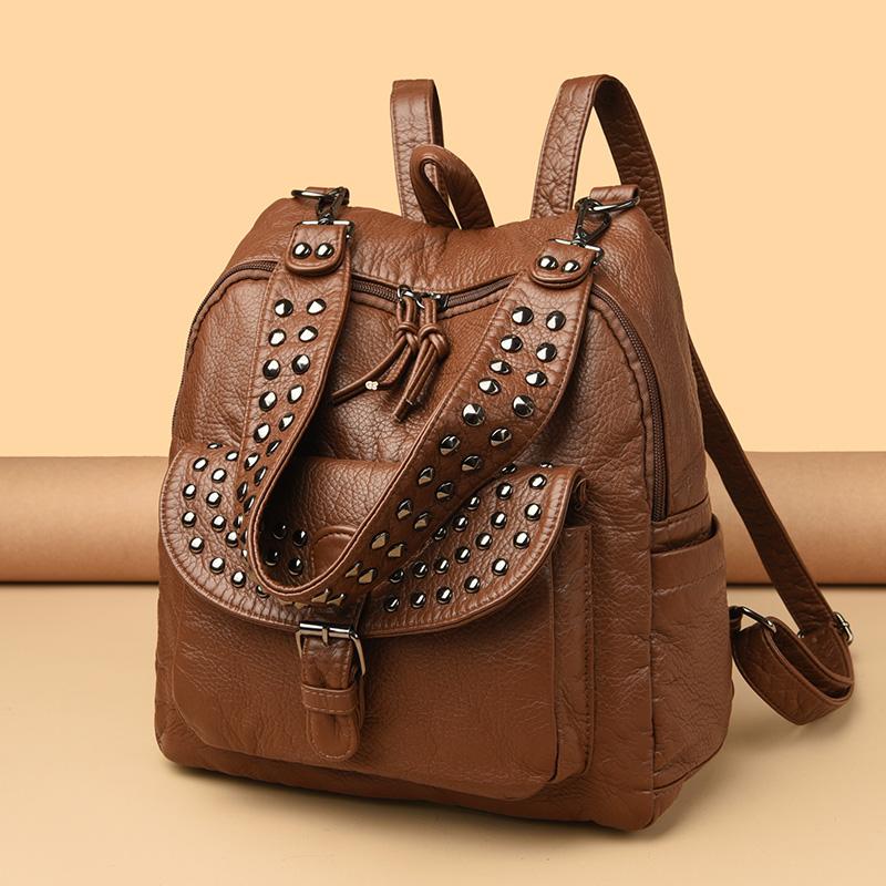 2025 Soft Leather Women Backpacks Rivet Multifunctional Shoulder Bags Female Retro Travel Teenage Girl Fashion Schoolbag