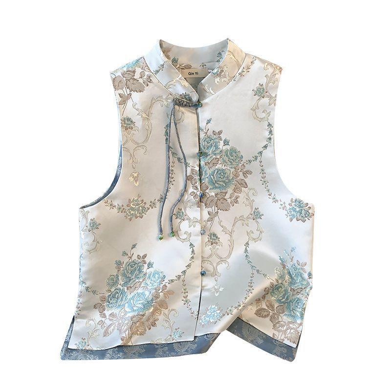 Antique vest women's disc buckle jacquard embroidery fashion temperament vest cardigan women's high-end top