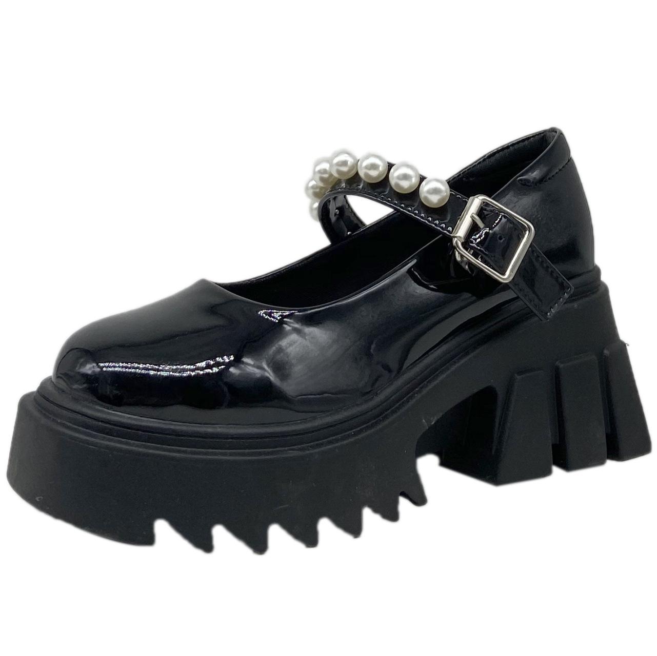 

Женские кожаные туфли на каблуке, новинка 2021 года, обувь Лолиты с жемчужной пряжкой, женские вечерние свадебные туфли для девочек, женская обувь Мэри Джейн на платформе 39 чёрный