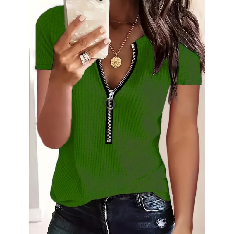 Women's Solid Color Half Pull Short Sleeved T-shirt for All Seasons