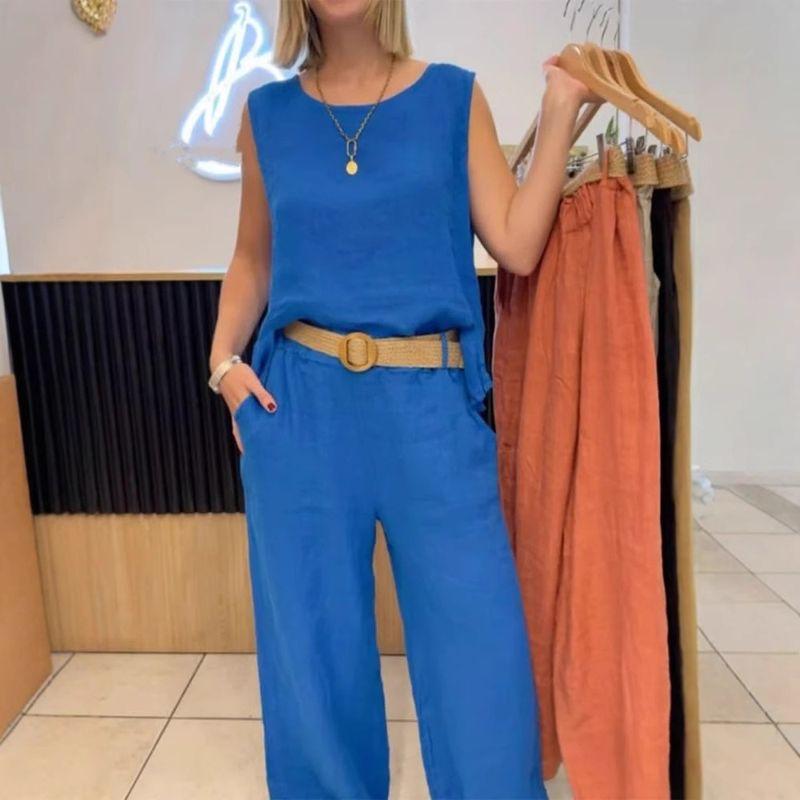 Solid-Color Sleeveless Long Pants Set Solid Sleeveless Vest Trousers Set Women