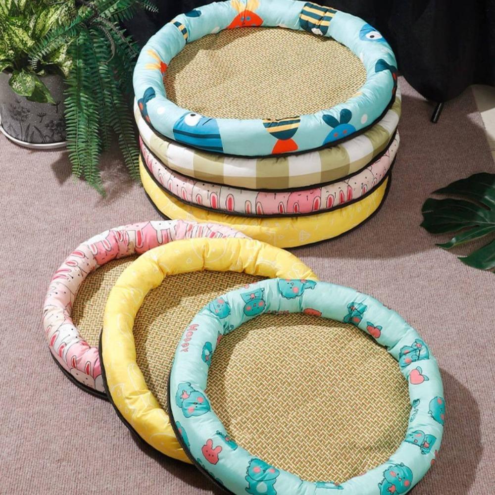Round Cat Cooling Mat Wear Resistant Breathable Dog Sleeping Bed Cartoon Pattern Thickened Sponge Pet Cooling Nest Kennel Use