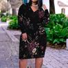 Women Plus Size V Neck Long Sleeve Black Printed Fitted Straight Dress