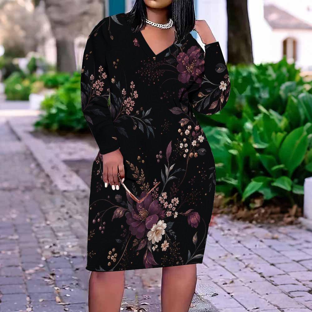 Women Plus Size V Neck Long Sleeve Black Printed Fitted Straight Dress