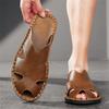 Men Slippers Handmade Simple Flats Brown Leather Sandals Outdoor Summer Roman Sandals Closed Toe Beach Shoes Plus Size