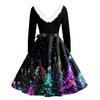 Christmas Print Flare Dress For Women Long Sleeve Dress Hollow Party Casual Dresses