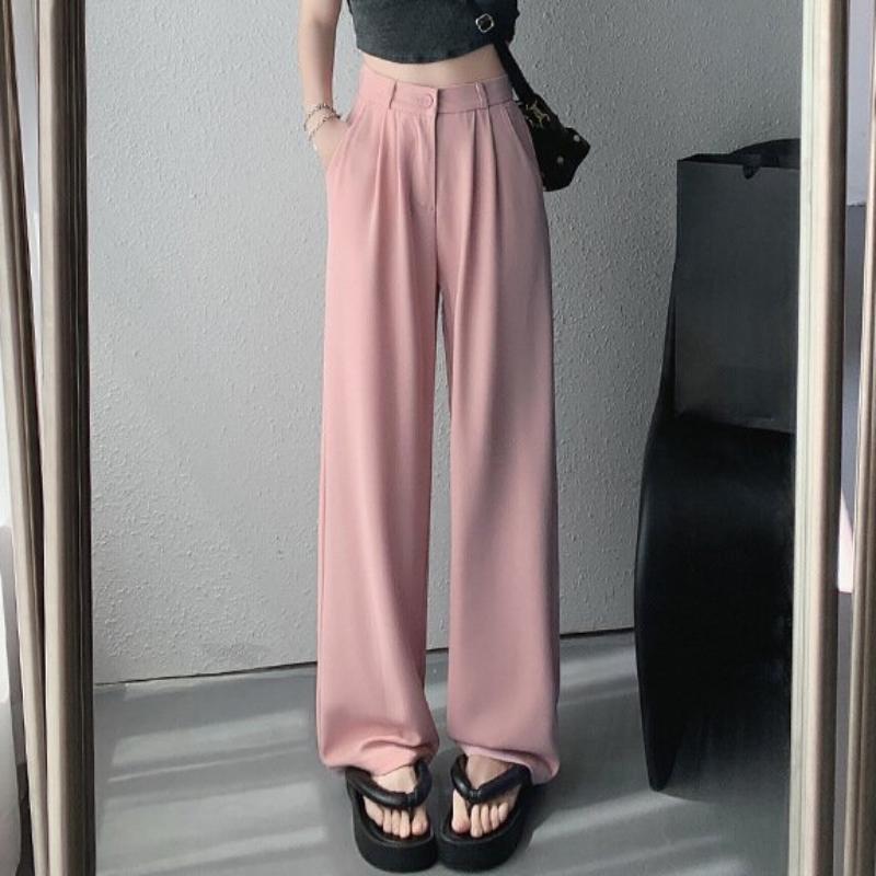 GMXIA Pink High Waist Draped Wide Leg Pants Women's Summer Suit Pants Straight Peplum Casual Women's Pants