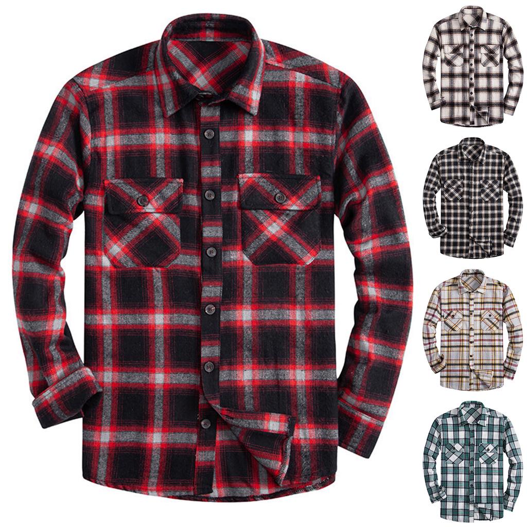 Men's Spring Plaid Minimalist Workwear Fashion Square Neck Long Sleeve Shirt