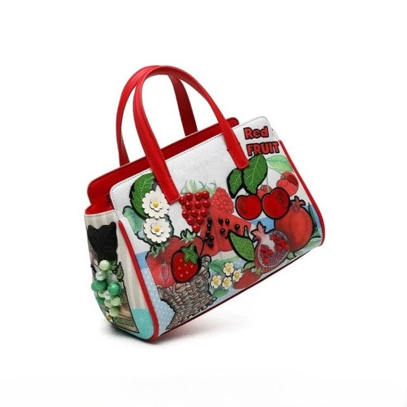 High-end PU Leather Women's Handbag Practical Front Back Two-side Use Ladies Crossbody Bag Fashion Splicing Fresh Sweet Fruit Embroidery Messenger Bag