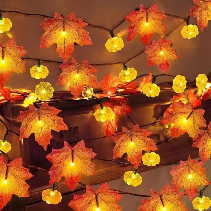 Autumn Thanksgiving Decor Maple Leaf String Lights Battery Powered Fairy Lights Wall Hanging Lamp Outdoor Halloween Decoration