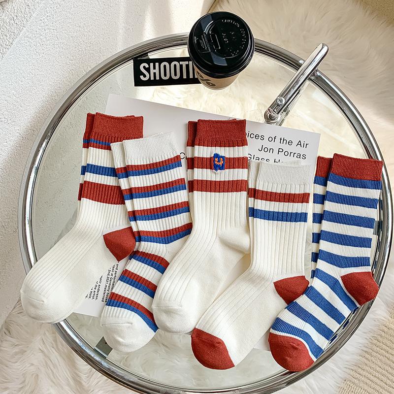 5 Pairs of Women's Spring and Autumn Striped Embroidered Cotton Socks