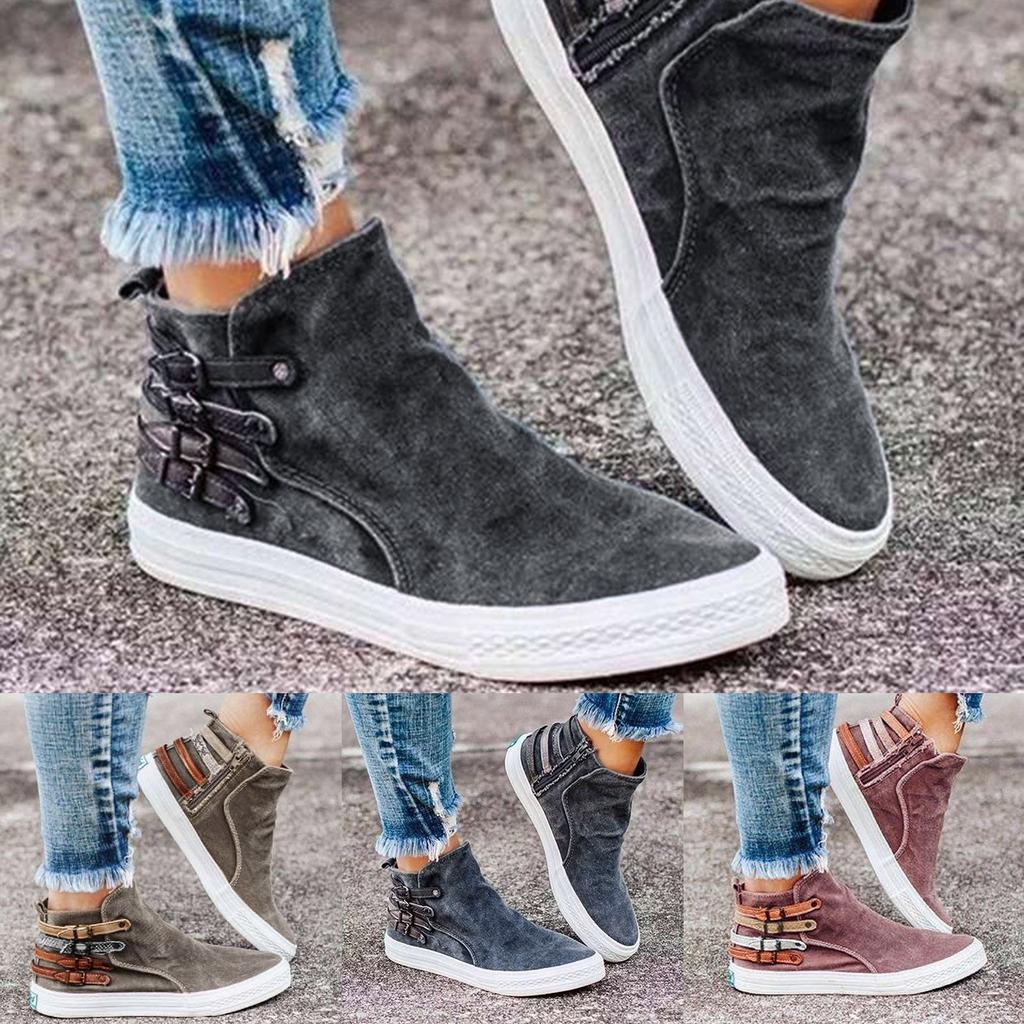 European And Casual Belt Side Zipper Denim Single Shoes Canvas Shoes Pool Sandals