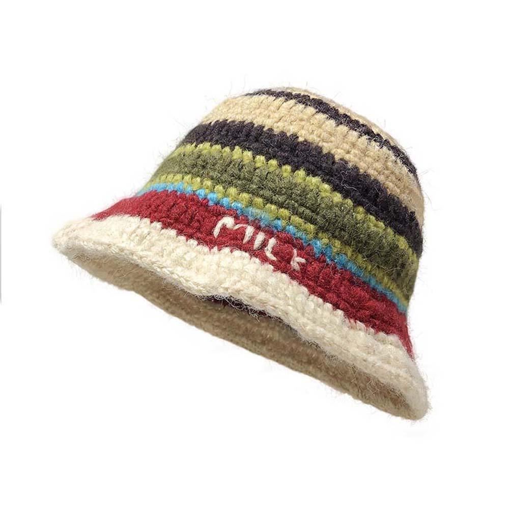 Anti-cold Knitted Bucket Hat Warm Woven Basin Cap Seaside Beach Cap Striped Fisherman Hat  Vacation