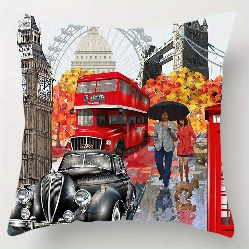 Vintage Cars and City Landmarks Pillows Pattern Cushion Cover Suitable for Sofa Bedroom Car Pillow Cover