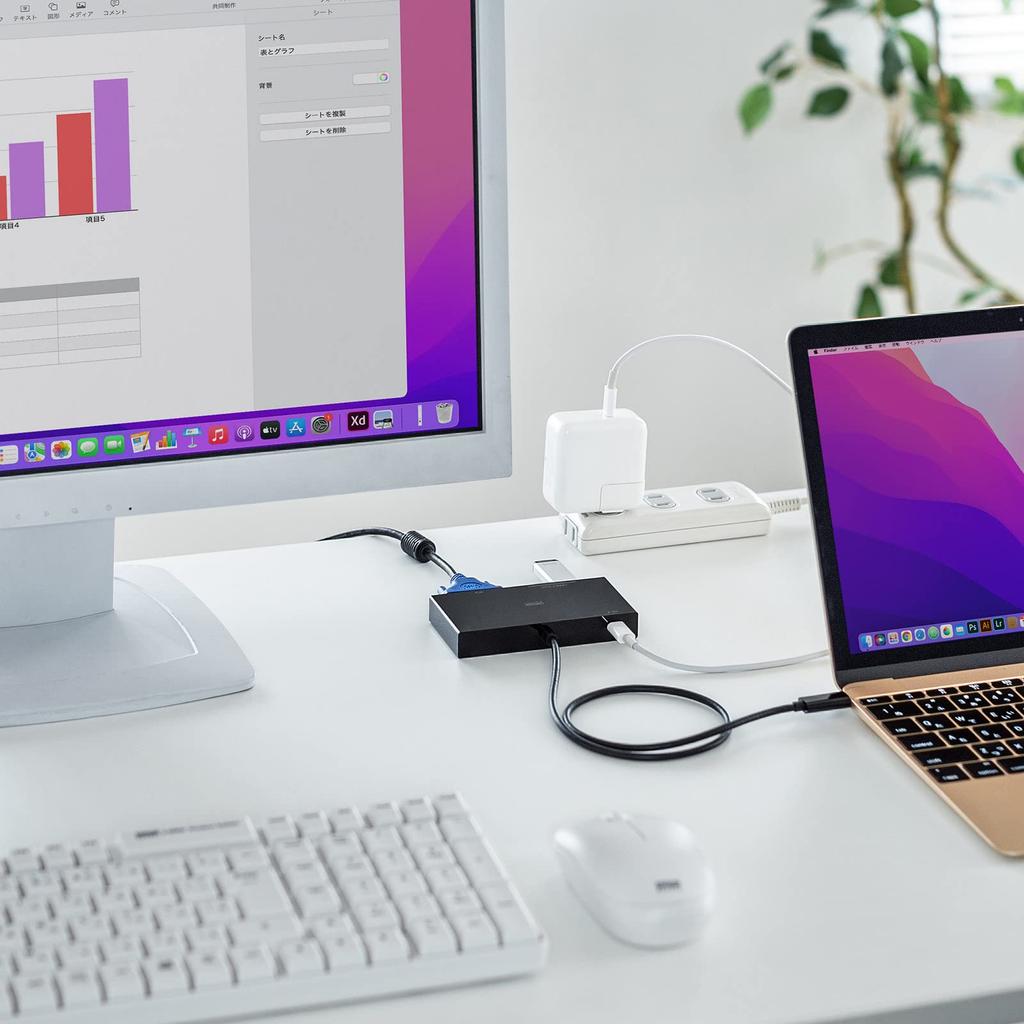 Sanwa Supply USB VGA 2 1 PD100W Integrated Type-C Hub, 3.2 Gen1, 5Gbps, 1080p, A-Type Connectors, Type-C Connector, Pass-Through, Cable, 50cm,