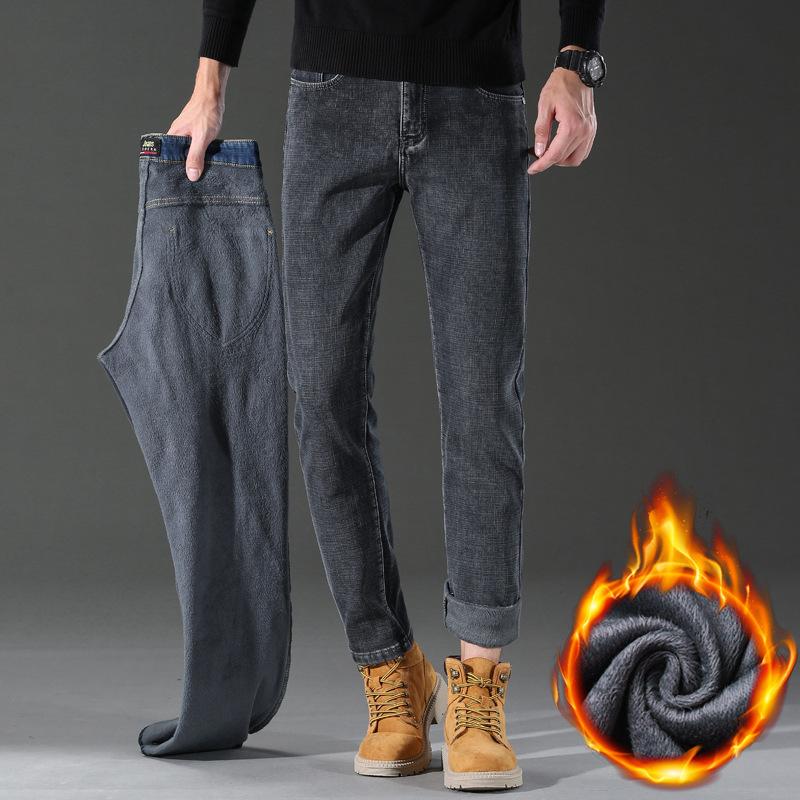 

Зимние новые мужские облегающие джинсы с прямыми штанинами 2024 года с толстым флисом для тепла и повседневные эластичные длинные брюки 38