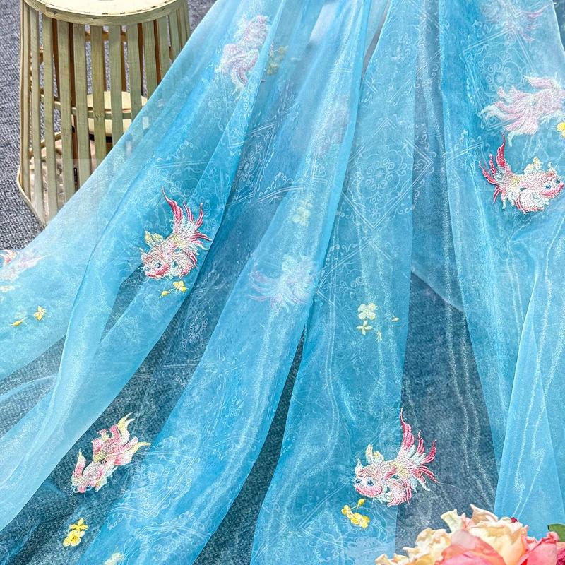 Printing Silk Chiffon Fabric Koi Carp Embroidery Fabric Tulle Handmade DIY Chinese Ancient Hanfu Stage Dance Dress Wedding Decor