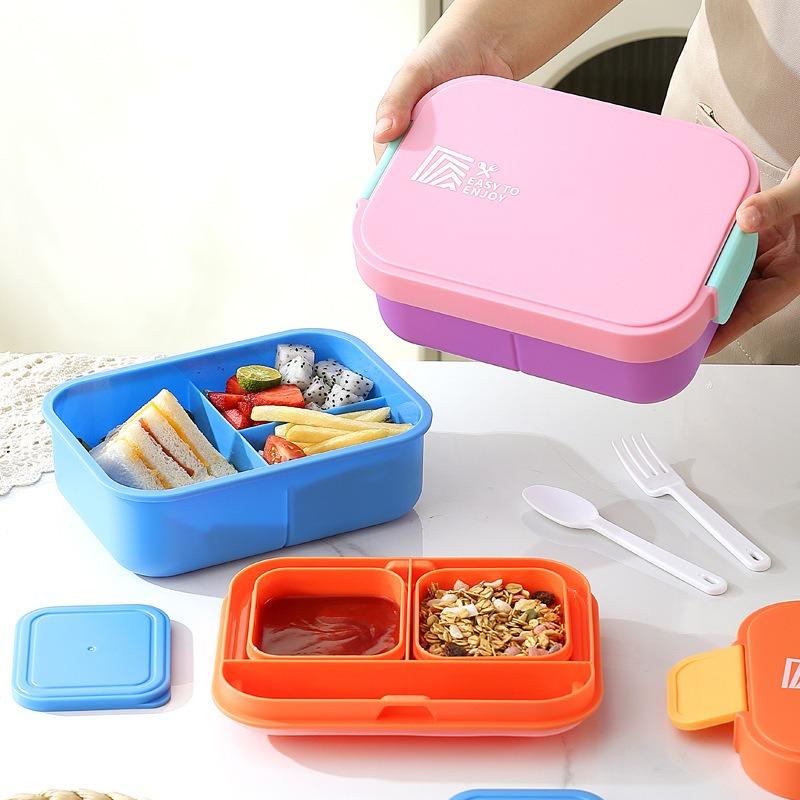 Portable Lunch Box Plastic Bento Box Microwave Heated Lunch Box with Fork&Spoon Tableware Picnic Food Fruit Container Dinnerware